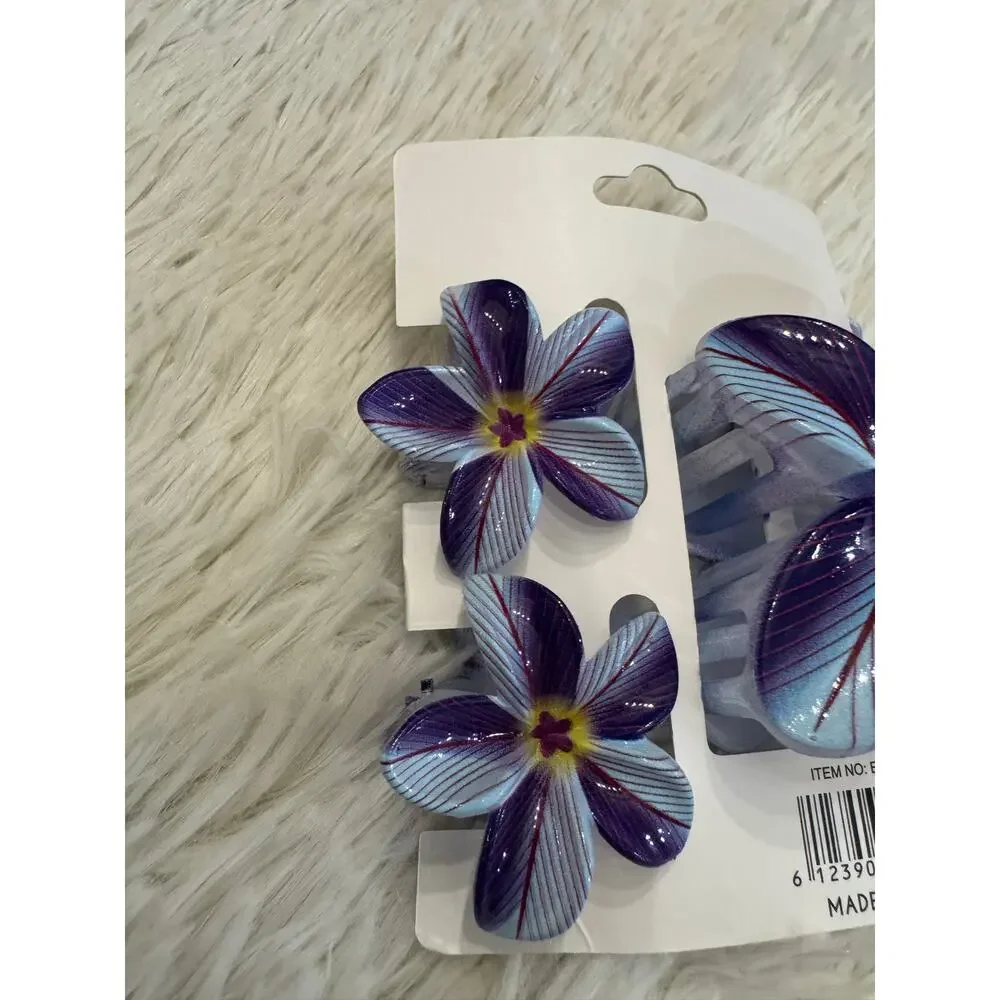 Hawaiian flower blue hair clip claw set of 3 one large 2 medium
